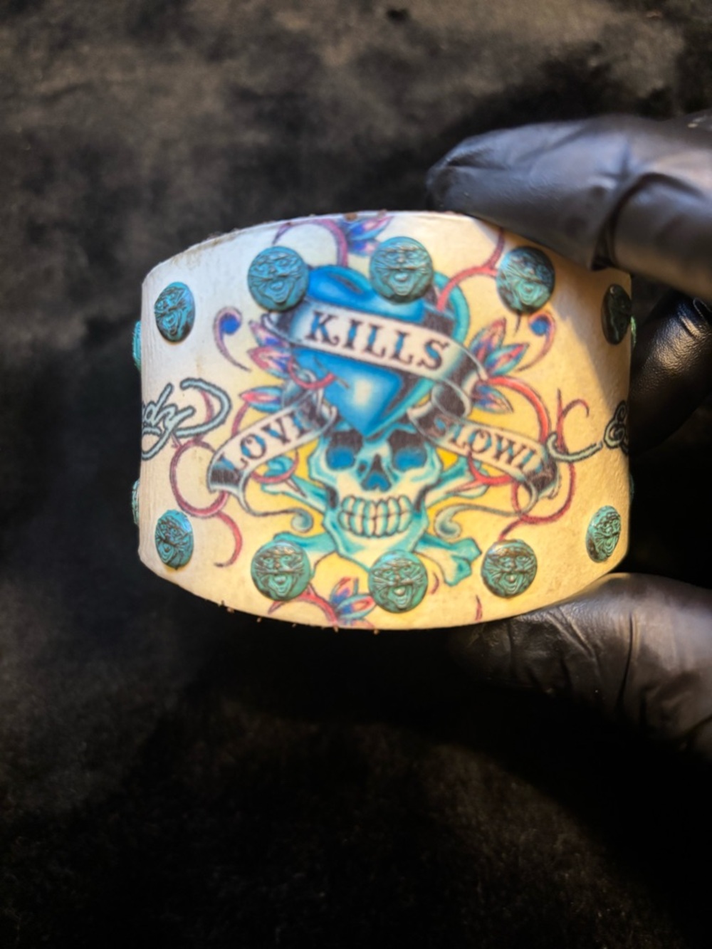 Ed Hardy Blue & Tan 'Love Kills' Studded Skull Cuff Bracelet